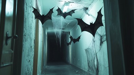 Spooky Hallway Decorated with Hanging Bats and Cobwebs for Halloween Atmosphere