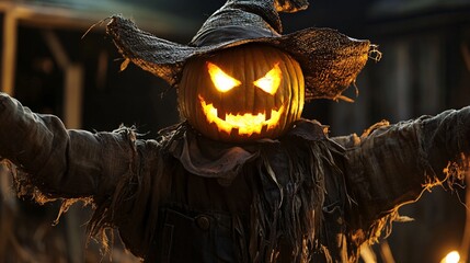 Glowing Pumpkin Head Scarecrow in Spooky Halloween Decor, Nighttime Harvest Symbol with Jack O' Lantern Features