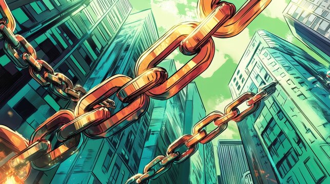 Golden chain links spanning cityscape buildings.