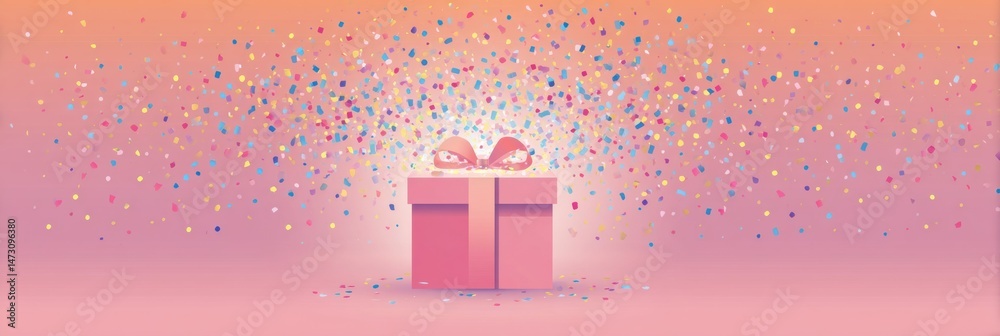 Poster colorful gift box exploding with confetti against a soft gradient background for celebration and joy