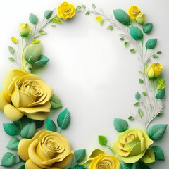 A decorative arrangement of yellow roses and green leaves forming a circular frame.