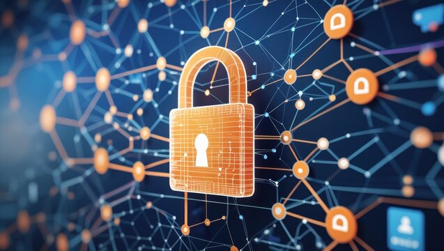 secure network Padlock icon overlaid on a digital network map
