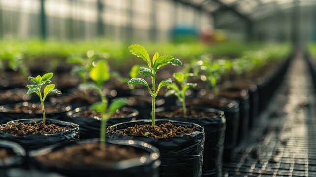 A row of young saplings in black nursery bags, placed in a well-organized greenhouse - Powered by Adobe