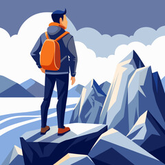 Fototapeta premium Backpacker Reaching the Summit of a Mountain vector Background