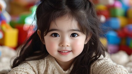Fototapeta premium Smiling toddler girl with brown hair surrounded by colorful toys