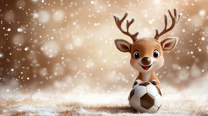 Cute cartoon reindeer holding a soccer ball in snowy winter scene.