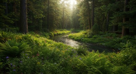 Obraz premium Sunlit Forest River Scene with Lush Greenery and Wildflowers