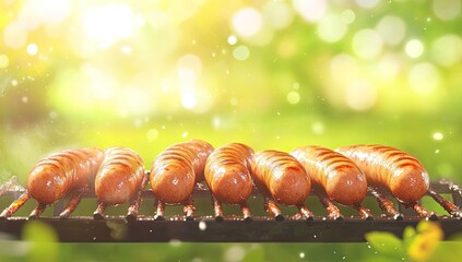 Grilled sausages on a barbecue grill outdoors.  Golden brown sausages are grilling on a metal grate, sizzling and steaming in the warm sunlight. 
