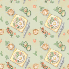 Seamless pattern with breakfast, coffee, egg toast, avocado and tomatoes