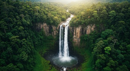 Aerial View of Lush Rainforest Waterfall