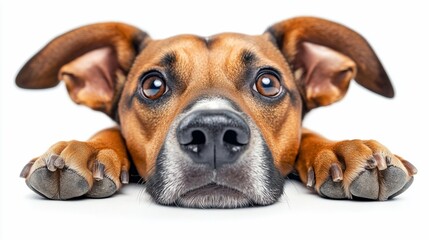 Obraz premium Close-up of a cute brown dog lying down with paws on a white background, looking attentively at the camera.