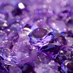 Pile of sparkling amethyst gemstones with crystal facets and jewel reflections
