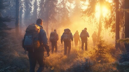 Hikers with backpacks walk through a sunlit foggy forest.