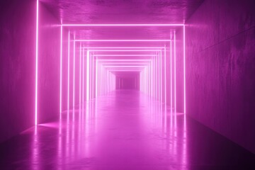 Fototapeta premium Neon lights form a geometric tunnel with glowing purple hue and modern symmetric design. Futuristic corridor interior glowing with vibrant illumination.