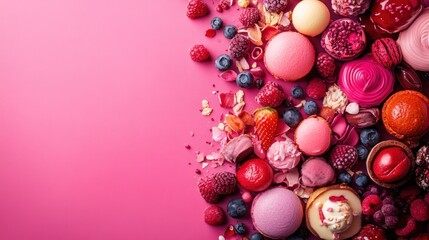 Pink background, assorted pastries, berries, food photography, dessert, delicious, sweet treats, website banner