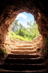 Obraz premium Pathway carved steps leading up from a dark cave to a bright, sunny forest