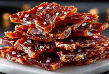 Deliciously Crafted Beef Jerky Stacked with Flavorful Textures and Light Salt Crystals on a Clean Surface for Gourmet Snack Photography