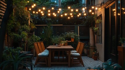 Cozy outdoor dining area at night, illuminated by string lights, surrounded by lush greenery.