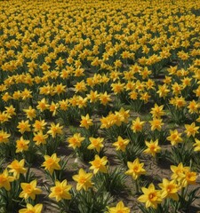 A carpet of dazzling yellow daffodils, their petals catching the sunlight , sunlit field, sunny