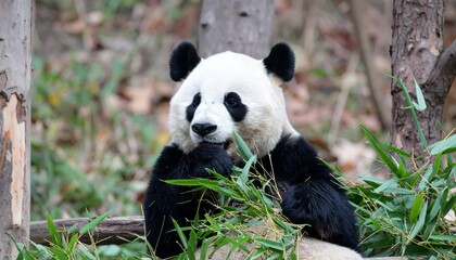 Adorable panda bear lounging on a log in verdant grassy meadow