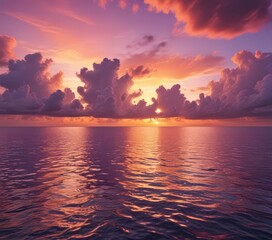 Fototapeta premium Fiery sunset over tranquil Maldivian waters; orange, pink, and purple clouds , amazing, heaven