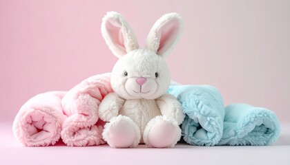 Obraz premium Adorable stuffed rabbit finding comfort amidst a pile of soft blankets, cozy scene