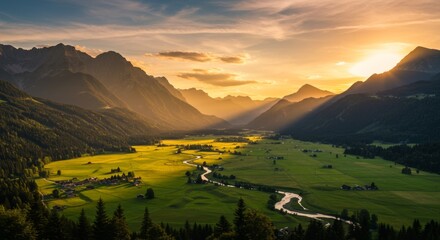 Fototapeta premium Golden Hour Sunset over Alpine Valley and River