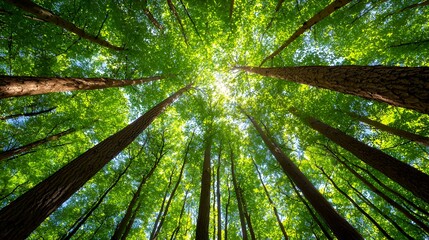 Sunlight filtering through the canopy of a lush forest creating a beautiful natural view looking up at the tall trees leaves and branches with vibrant green foliage