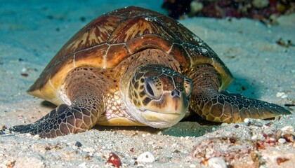 Obraz premium Serene green turtle basking on a picturesque sandy beach, coastal paradise green