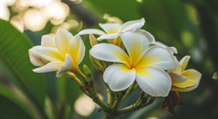 Fototapeta premium Closeup of White and Yellow Plumeria Blossoms