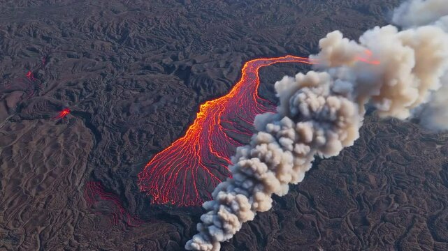 Aerial view of an erupting volcano with a vast network of glowing lava flows spreading across the terrain and thick smoke rising into the atmosphere. This dramatic footage is perfect for geoscience vi