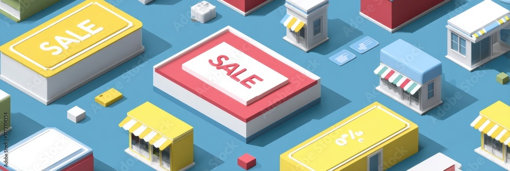 Leinwandbilder isometric web store design featuring sale badges and empty central space for product display