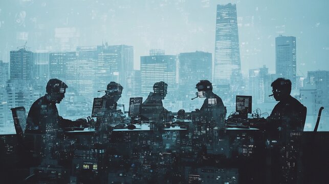 Silhouetted business team working late at night in a modern office, cityscape backdrop.