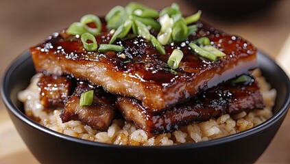 Naklejka premium Savory glazed pork over rice