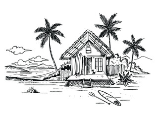 Coastal landscape in free and uncluttered lines. Beach house scene art with surfing-related elements.