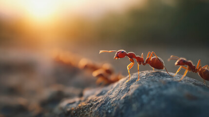 Obraz premium A line of red ants marching over a rock, illuminated by a warm, golden sunrise in the background.