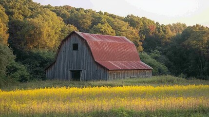 Obraz premium Rustic wooden barn with a vibrant red roof in a golden field.