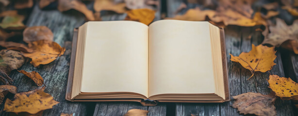 Blank Diary Open on Wooden Table Surrounded by Autumn Leaves
