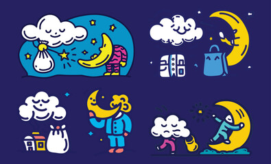 Colorful Doodle Illustrations of Nighttime Themes and Characters