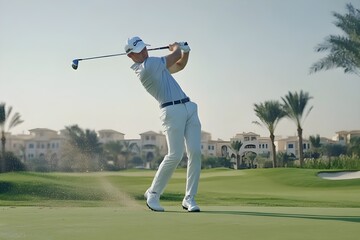 Obraz premium Golf shots on a wide golf course by a professional golfer from side view and close up view