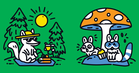 Playful Animal Doodle with Picnic and Mushroom in Bright Colors