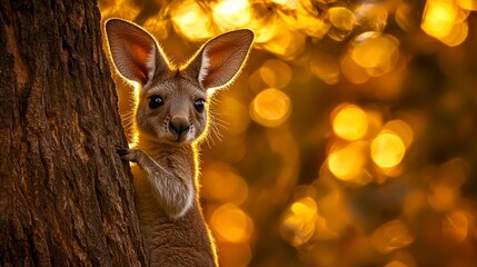 Fototapeta premium Adorable joey kangaroo peeking from behind a tree trunk at sunset, golden bokeh background.
