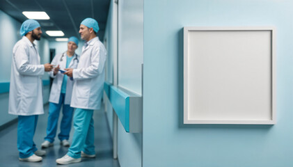 Naklejka premium Blank empty white picture frame mockup in a hospital corridor with blurred medical personnel while walking
