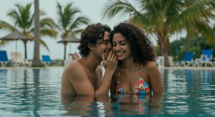 Fototapeta premium Romantic Couple Whispering in Tropical Pool