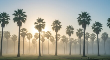 Palm Trees at Sunrise in Misty Field