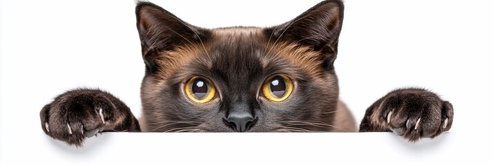 Fototapeta premium Curious brown cat peeking over white background.