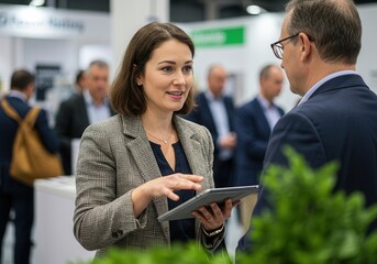 Businesswoman explaining details on a tablet to a colleague at a conference