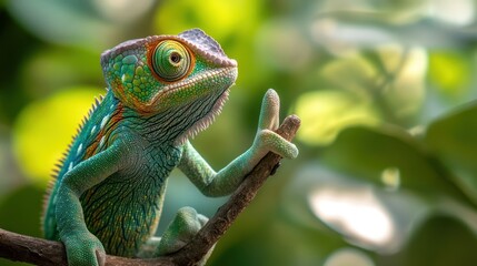 Obraz premium Vibrant chameleon observing from branch in lush botanical scenery detail