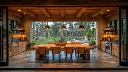 Open-plan, wooden-beamed dining area with garden views.