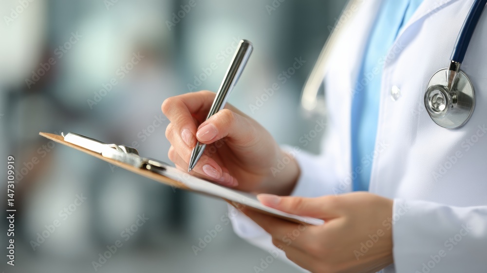 Poster doctor writing on clipboard in a clinical setting while preparing for patient consultation in a busy